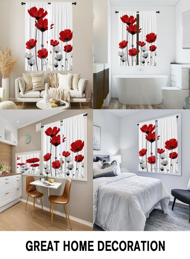 Coxila Red Floral Kitchen Window Curtains 27.5 x 39 Inch Small Short Mini Cafe Rod Pocket Flower Spring Black White Gray Grey Living Bedroom Room Home Treatment Set of 2 Curtain Panels Drapes Tiers - Image 5